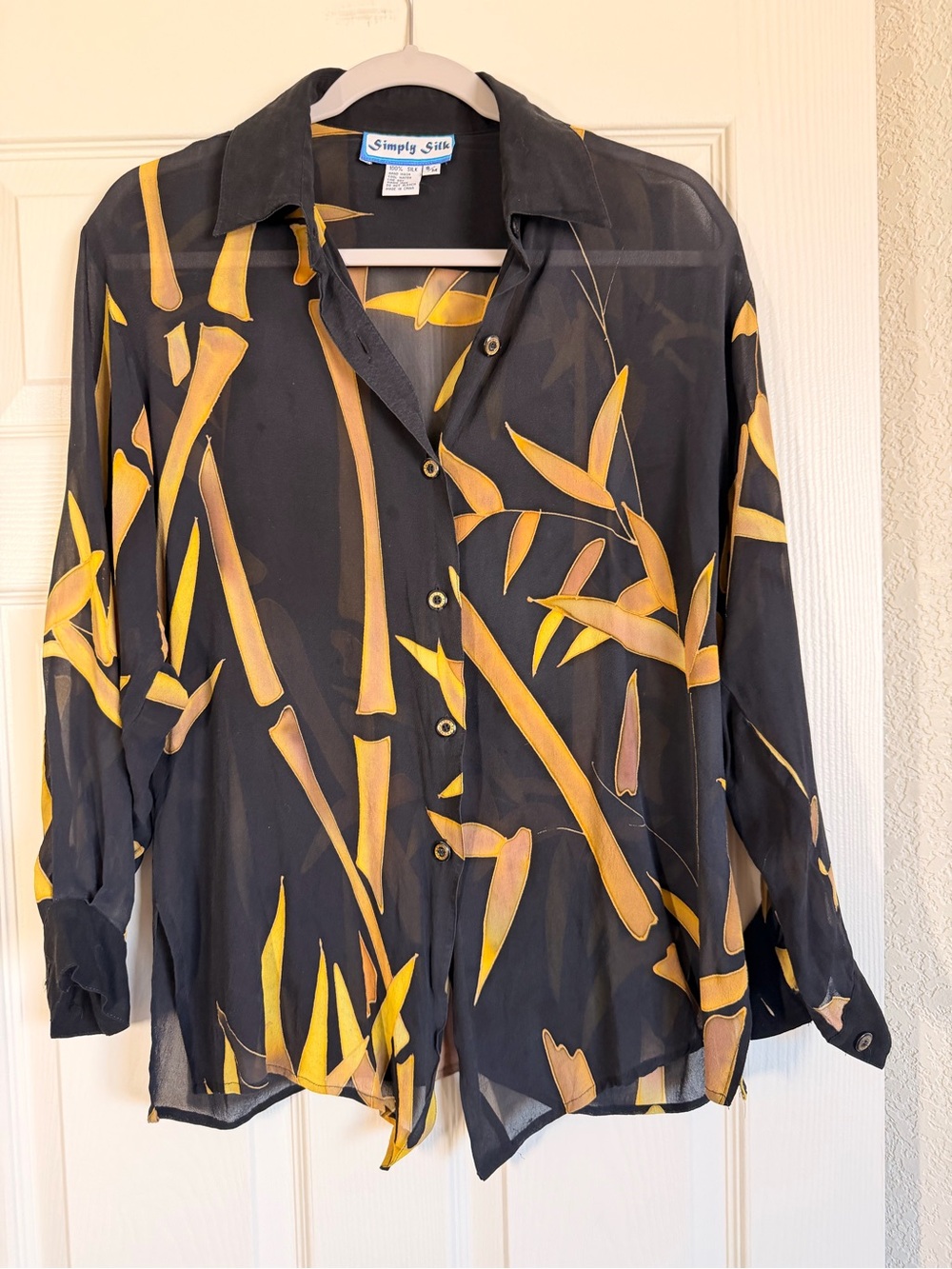 Simply Silk Black Long Sleeve Button-Front Top Women’s Sz S/M 100% Silk Vintage